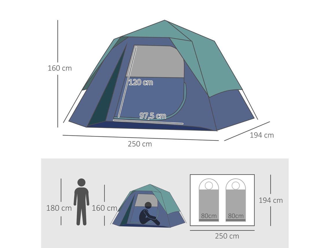 Tenda Campismo 250x194x160cm cor verde A20-123 - Outsunny