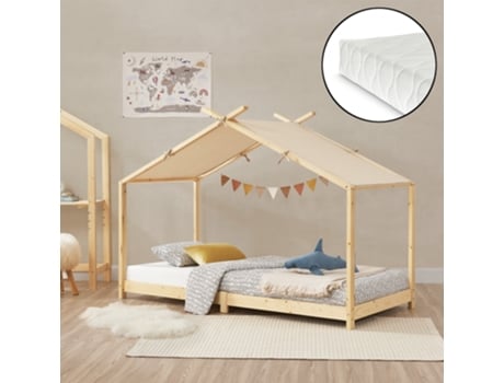 Cama infantil Brome em formato de casinha com colchão e teto removível em madeira de pinho 90 x 200 cm - Natural e Bege [EN.CASA]