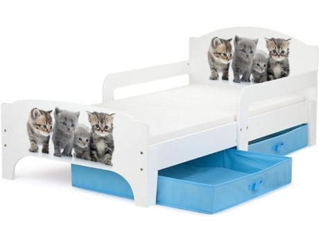 Cama para Crianças Smart com Colchão Confortável e Gavetas. Família dos Gatinhos. LEOMARK