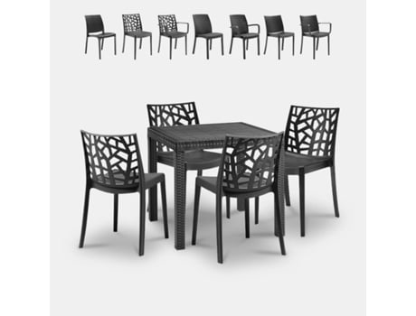 Conjunto de Jardim: Mesa Quadrada 80X80Cm Rattan 4 Cadeiras Preto Nisida Dark BICA