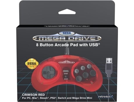 Retrobit Controlador Sega Mega Drive Crimson Red com Fio 8 Botões Conexão Usb