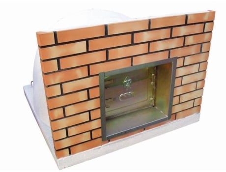 Forno de 120cm em cimento, com parede em tijolo na frente, com porta de fumeiro em ferro zincado, pintado de branco ARTICIMENTOS