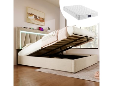 Cama de Casal com Arrumação Estofada Led Função Carregamento Usb Tipo Iluminação EHSTMIND Madeira Linho Branco (100x100x100cm)