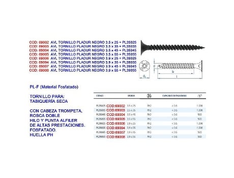 Avl tornillo pladur negro 3.5 x 45   pl35045 (caja 500 unidades)