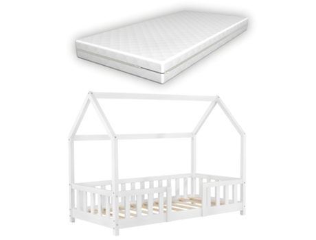 Cama Infantil Tipo Cabana com Colchão, Barra de Segurança e Estrado em Madeira de Pinho Branco 80 X 160 Cm 030005482 MOBIKASA