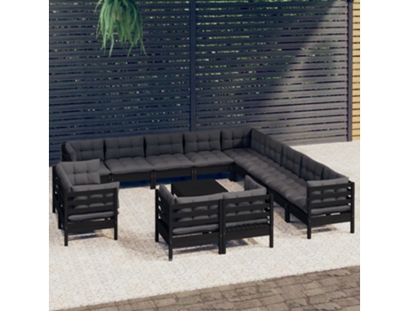 Conjunto Lounge Jardim com Almofadões Pinho Maciço Preto 14 Un