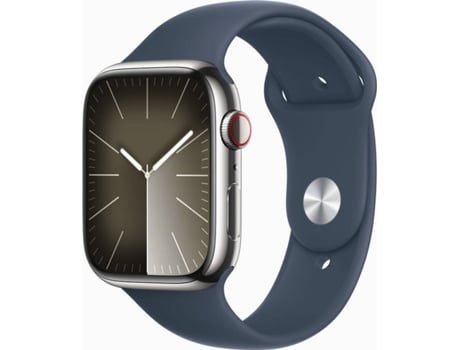 Pré-venda APPLE Watch Series 9 GPS+Cellular 45 mm Aço Inoxidável Prateado com Bracelete Desportiva Azul Trovoada (Tamanho: S/M)