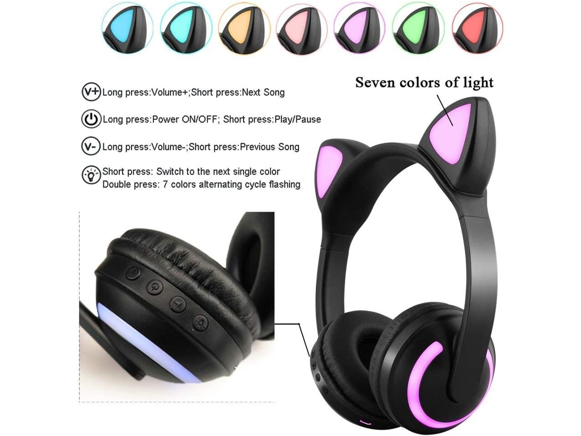 Fone De Ouvido Orelha Gato Led Com 7 Cor Luz Headphone