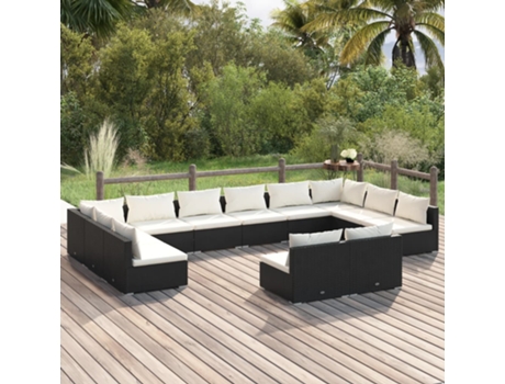 Conjunto Lounge de Jardim com Almofadões Vime Pe Preto 12 Un