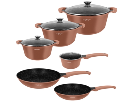 CHEFFINGER Conjunto de Cozinha 10 Peças 3 Caçarolas/2 Frigideiras/1 Panela com Alça Soft-Touch Castanho