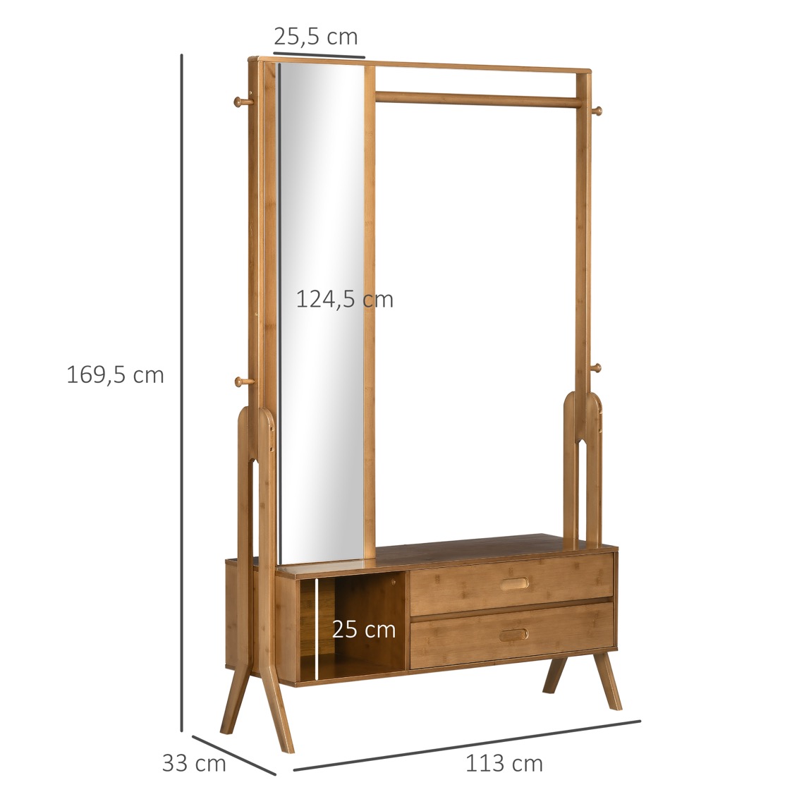 HOMCOM Cabide de Pé de Bambu 2 em 1 com 2 Prateleiras 5 Ganchos e Estrutura  de Alumínio 39x5x39,5x71cm Madeira e Branco