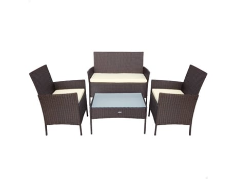 Poltrona + Sofá + Mesa LIFETIME (Preto - Aço, Rattan, Vidro, Poliester - 104x58x84 cm)