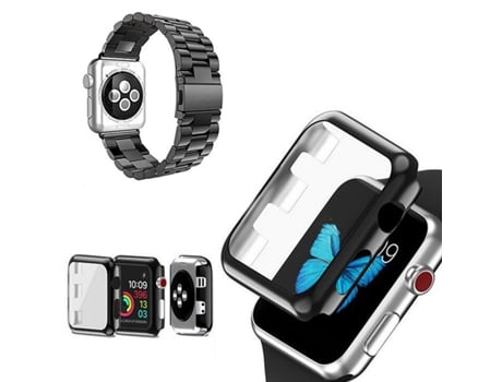 Kit Bracelete de Aço Ferramenta Capa de Proteção Vidro GIFT4ME Compativel com Apple Watch Series 10 46Mm Preto / Transparente