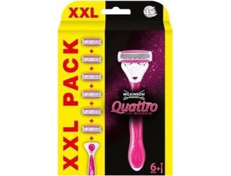 Wilkinson Sword Quattro For Women Pack Xxl 1 Cuchilla de Depilación Mujer + 6 Recambios de Cuchillas Color Rosa