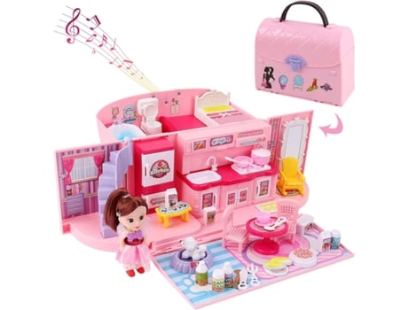 Playset 2 em 1 para crianças em rosa com casa de bonecas portátil e acessórios