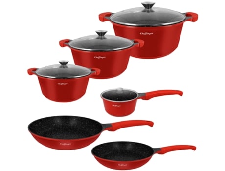 CHEFFINGER Conjunto de Cozinha 10 Peças 3 Caçarolas/2 Frigideiras/1 Panela com Alça Soft-Touch Vermelho / Preto