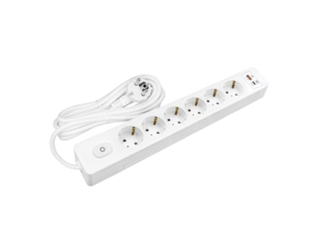 Multiplicador Tomada SELDUR G6Th22B 6 Tomadas Tipo F + Interruptor Usb A+C Carga Rápida 20W Branco Cabo 2M