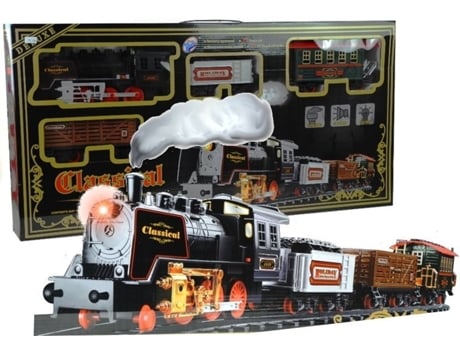 Conjunto de Comboio Clássico com Locomotora e 3 Vagões 650 cm de Vias + Estação Ferroviária LEANTOYS