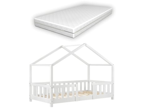 Cama Infantil Cabana com Colchão Grade e Base de Madeira de Pinho Branco 80 x 160 cm 030005459 MOBIKASA