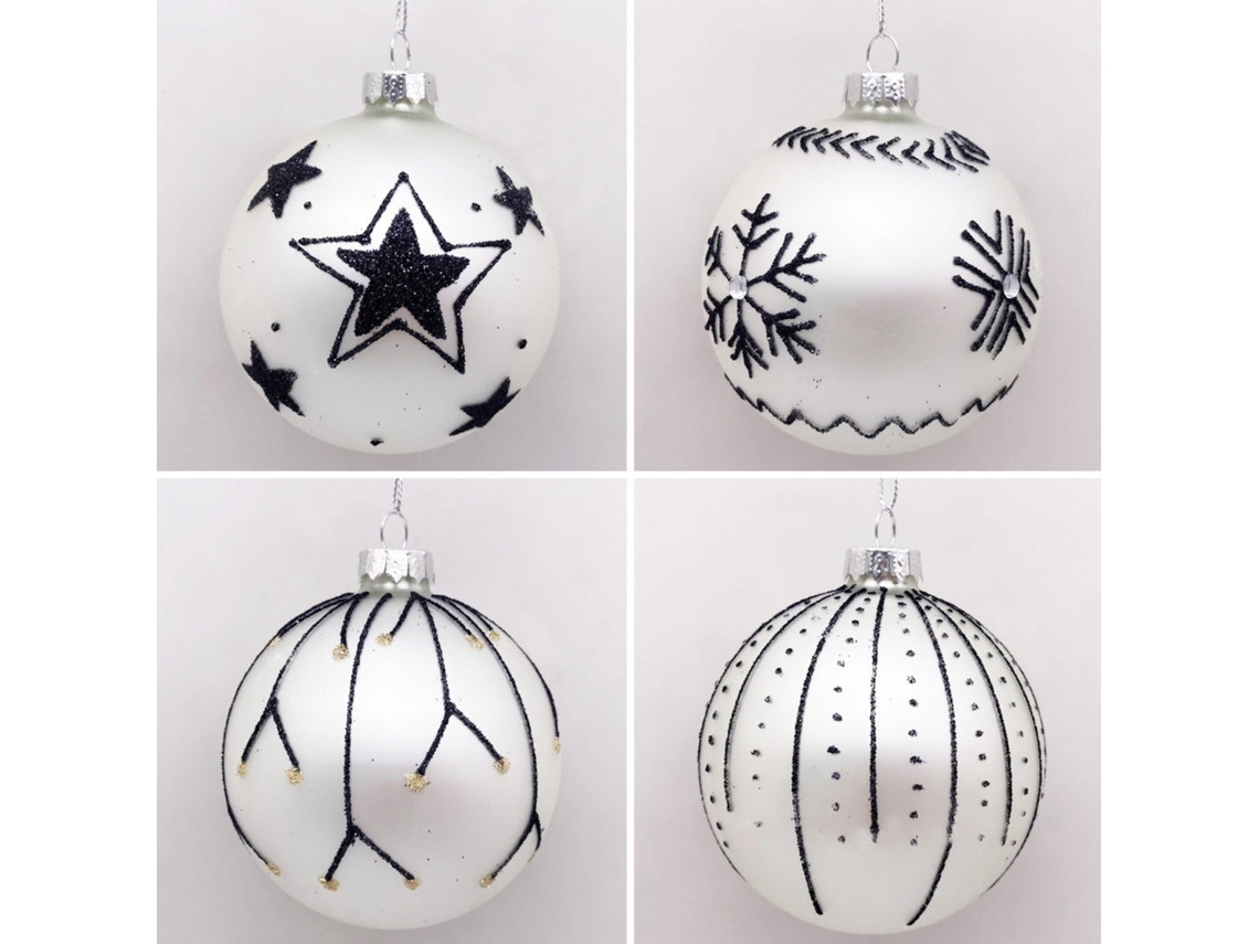 Conjunto de 4 bolas de Natal prateadas 8 cm de desenho de bolas de enfeites  de árvore de Natal pretas