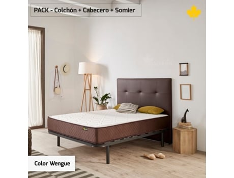 Pack Colchão e Cabeceira Estofada e Base de Cama DESCANSIN Silencioso e de Fácil Montagem (180 x 200 cm - Wengé)