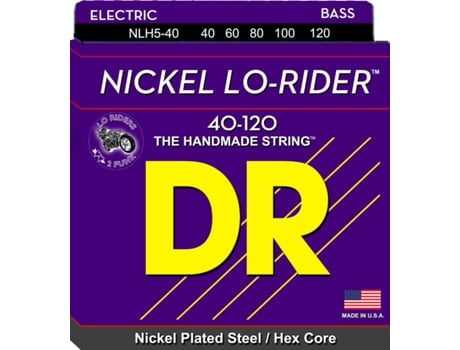 Jogo de Cordas Baixo Elétrico DR NLH5-40 Nickel Lo-Rider (.040 - .060 - .080 - .0100 - .0120 - Níquel)