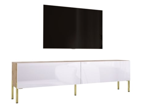 Móvel de Tv em Carvalho Wotan / Branco Brilhante com Pés Retos Dourados D: L: 170 Cm A: 52 Cm D: 32 Cm 3XELIVING