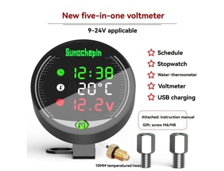 Medidor Multifuncional para Motocicleta 5 em 1 Relógio Eletrônico Cronômetro Medidor de Temperatura Da Água Voltímetro Carregamento Usb MAOYI