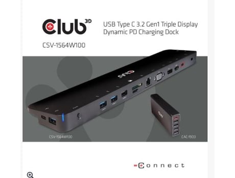 Club3D Usb 3.2 Gen1 C Triple Display Dynamic 100W Pd Charging Dock. The 5 X Usb-A Ports Acoplamento Usb 3.2 Gen 1 3.1 Gen 1 Type-C Preto