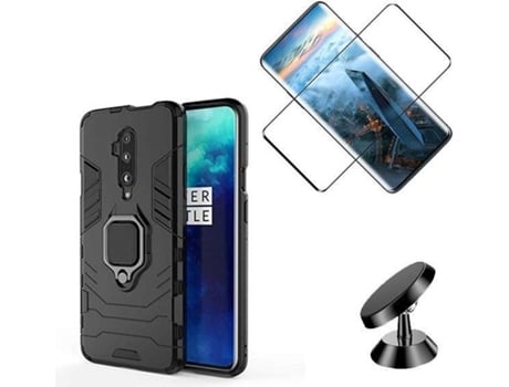 Kit Capa, Película de Vidro Temperado 5D e Suporte Magnético Auto OnePlus 7T Pro PHONOCARE Militar Preto