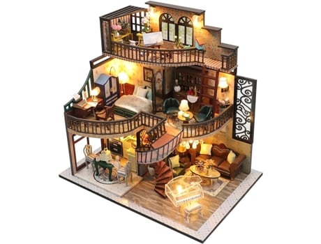 Kit de casa de bonecas em miniatura com móveis, ideia DIY de madeira, casa de bonecas LED com móveis