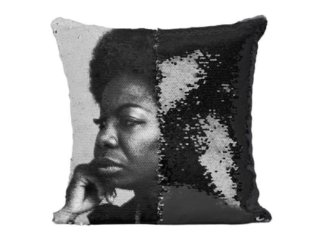 Almofada com Capa de Lantejoulas Lantejoulas Pretas Nina Simone Cantora Foto de Celebridade Estrela Música Antiga Original 2 FABULOUS