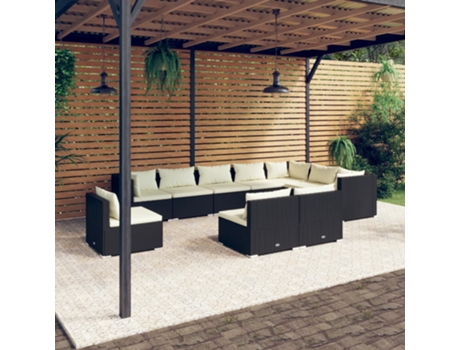 Conjunto Lounge de Jardim com Almofadões Vime Pe Preto 10 Un