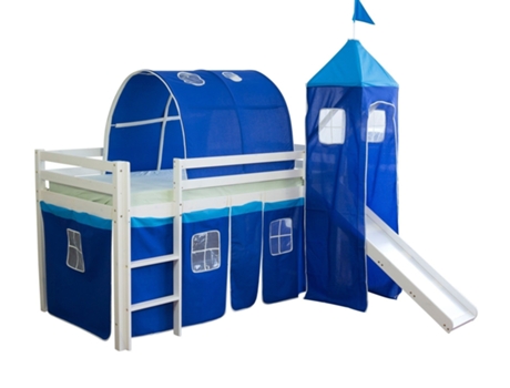 Cama Semi-Alta 90X200Cm para Crianças com Escorrega e Escada, Túnel, Torre em Madeira Branca e Lona Azul Incluída Lit06108 MOBIKASA