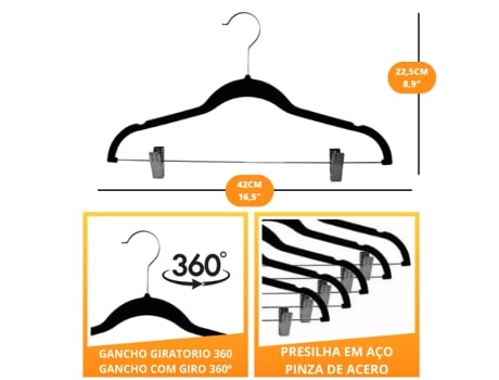 Cabide Antiderrapantes Slim De Veludo Com Presilhas Para Roupas Pack 5 Unidades Preto 42Cm GLOBALMIX