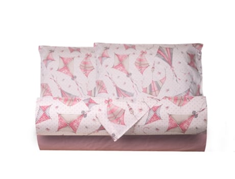 Conjunto de Lençóis com Estampa Fantasia 100% Algodão Feito na Itália Cama de Casal Pink Kites