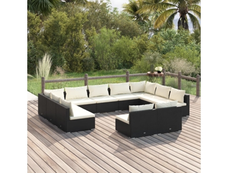 Conjunto Lounge de Jardim com Almofadões Vime Pe Preto 11 Un