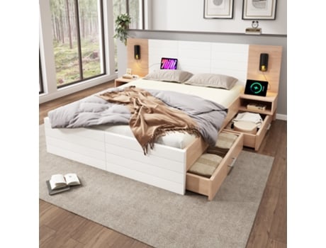 Cama de Casal com Cabeceira e Gavetas Sistema Luz Leitura Função Carregamento Usb EHSTMIND Madeira Branco (100x100x50cm)