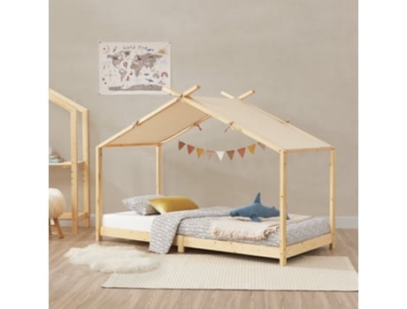 Cama infantil Brome em forma de casa com telhado removível em madeira de pinho 90 x 200 cm - Natural e Bege [EN.CASA]