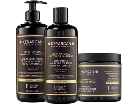 Trio Champô, Condicionador e Máscara Anti-queda Óleo de Rícino KERARGAN (2x500 ml)