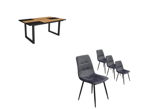 Conjunto Móveis Mesa de Sala de Jantar 170 Oak e Black Industrial Mesa Jantar Conjunto de 4 Cadeiras de Jantar Cadeira Estofada DUERMETE ONLINE