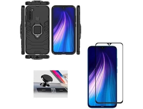 Kit Capa, Película de Vidro Temperado 5D e Suporte Magnético Auto Xiaomi Redmi Note 8T PHONOCARE Militar Preto