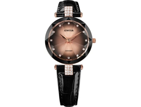 Relógio feminino preto couro real faceta strass J5.651.M JOWISSA