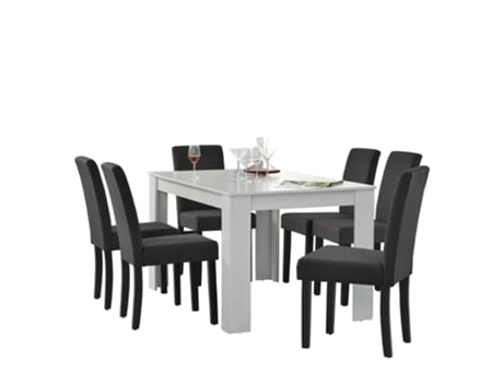 Mesa de Jantar Branca Mate com 6 Cadeiras Cinza Escuro Estofadas em Tecido 140X90 cm 030004237 MOBIKASA