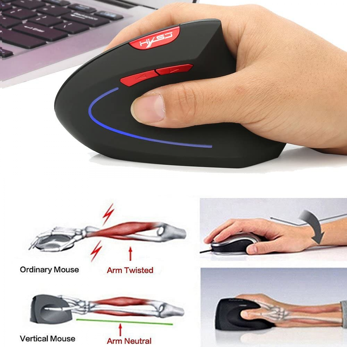 Mouse sem fios rato ergonómico Vertical, rato recarregável, rato 2,4 GHz, 5  botões 3 dpi Protege Especialmente para PC, Macbook