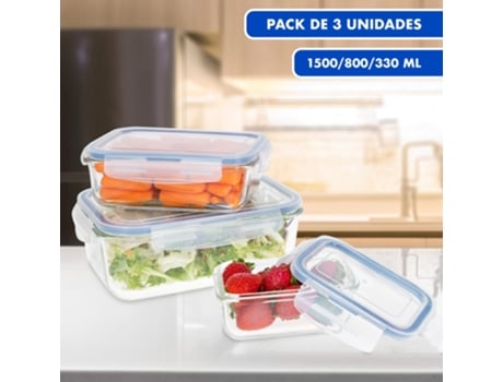 Conjunto de 3 Recipientes Tupperware de Vidro 100% Hermético para Congelador Micro-Ondas e Forno Inclui Tampa com Banda de Silicone MAX HOME