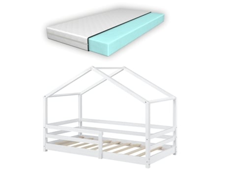 Casa Cama Infantil Cabana com Colchão, Estrado e Barreira em Madeira de Pinho Branco 80 X 160 Cm 030005473 MOBIKASA