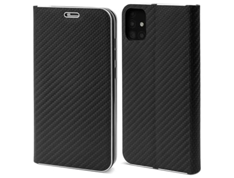 Capa Tipo Carteira MOOZY para Samsung A51 Carbono Preto – Proteção de Borda Metálica com Fecho Magnético e Suporte para Cartão