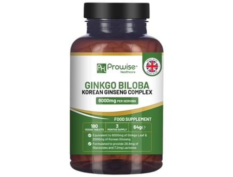 Suplemento Alimentar PROWISE HEALTHCARE Ginkgo Biloba e Ginseng Coreano Vegan 8000mg (180 Comprimidos)