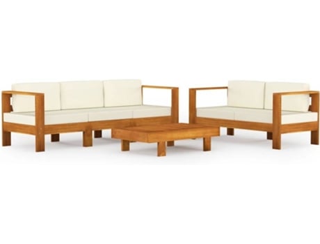 5 pcs conj. lounge de jardim c/ almofadões branco nata acácia